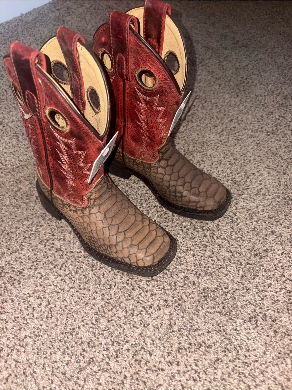 Kids Reptile-Textured Brown Foot with Red Shaft Western Boots